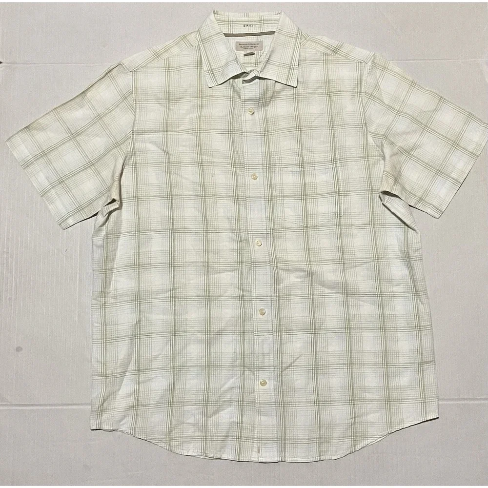 Banana Republic Mens Short Sleeve Linen Blend Plaid‎ Up Down Shirt Size Large
